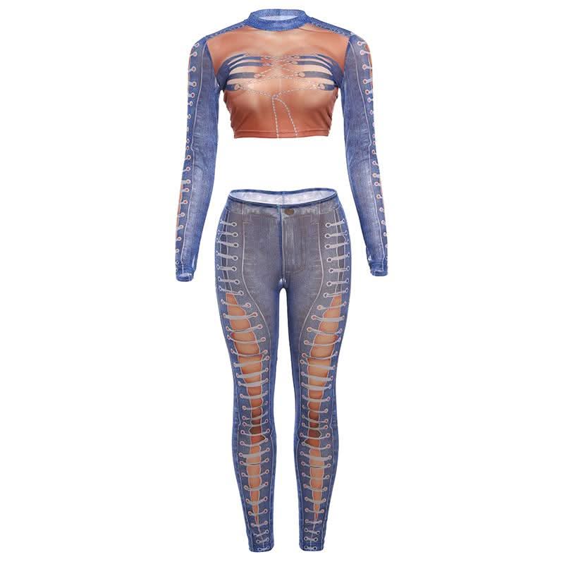 Slay the Season: Edgy Denim Illusion Ribcage Crop Top & Lace-Up Cutout Leggings Set – Fall Night Out & Halloween Ready