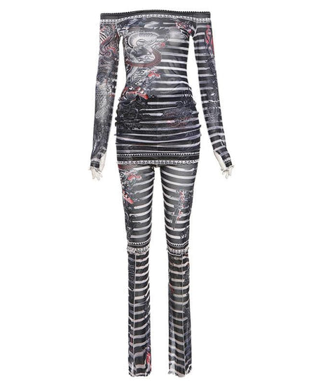 Y2K Edgy Dragon Tattoo Sheer Mesh Two-Piece Set - Off-Shoulder Top & Pants for Fall/Halloween