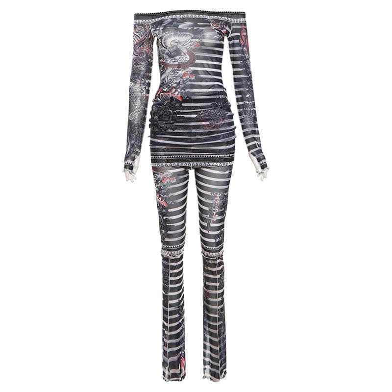 Y2K Edgy Dragon Tattoo Sheer Mesh Two-Piece Set - Off-Shoulder Top & Pants for Fall/Halloween