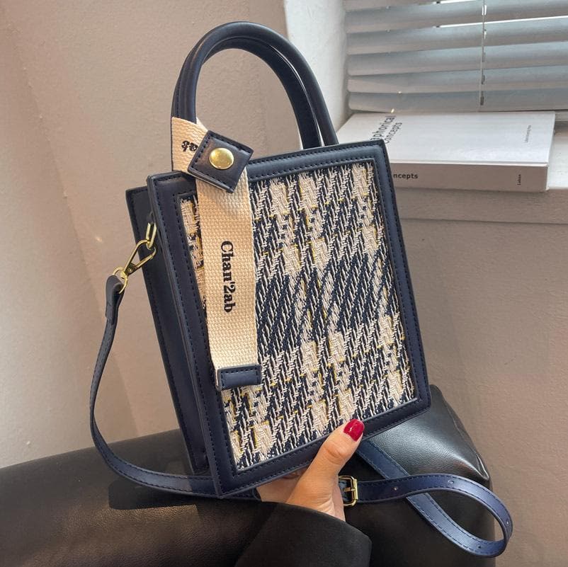 Chic Knitted Houndstooth Crossbody Tote – Fall/Winter Top Handle Bag