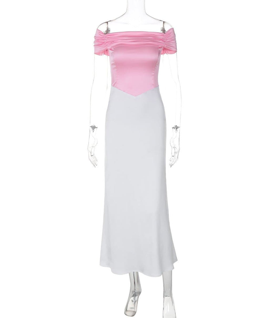 Glamorous Two-Tone Satin Off-Shoulder Midi Dress - Chic for Fall Events & Cocktail Parties
