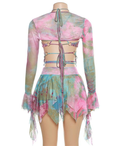 Enchanted Fairycore Tie-Dye Mini Skirt Set - Butterfly Halter Top & Flared Sleeves for Halloween & Rave Parties