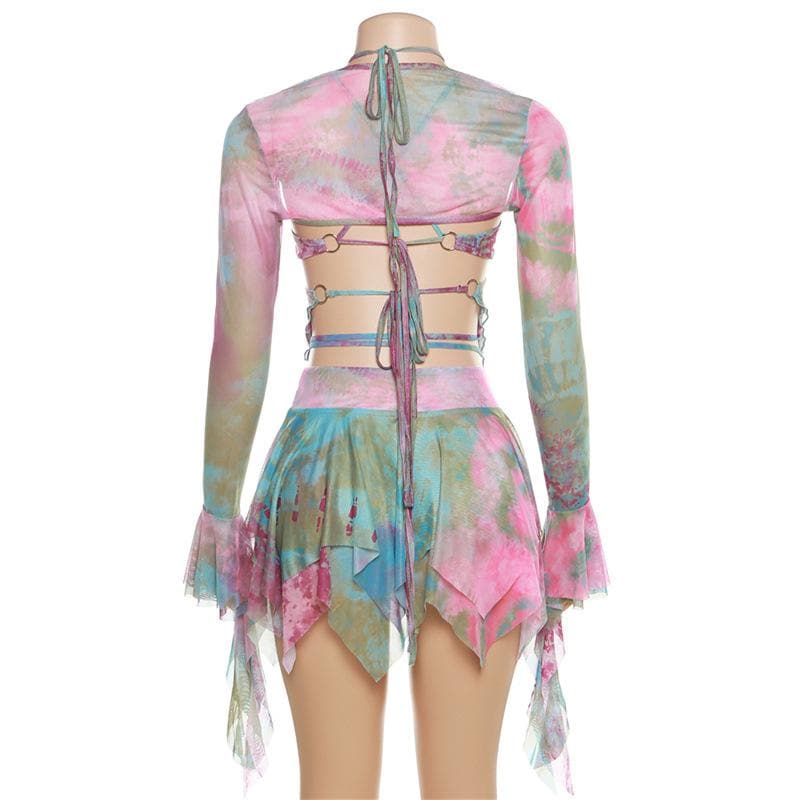 Enchanted Fairycore Tie-Dye Mini Skirt Set - Butterfly Halter Top & Flared Sleeves for Halloween & Rave Parties