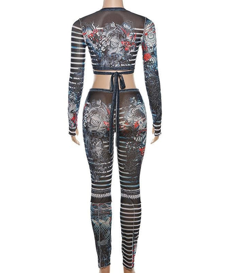 Fierce Dragon Tattoo Illusion Mesh Two-Piece Set - Your Ultimate Fall Party & Halloween Vibe!