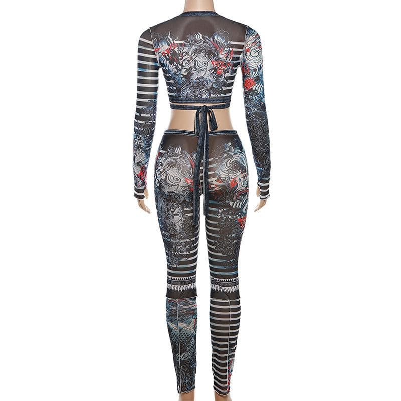Fierce Dragon Tattoo Illusion Mesh Two-Piece Set - Your Ultimate Fall Party & Halloween Vibe!