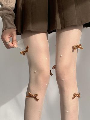 Whimsical Pearl & Pink Bow Sheer Tights | Coquette Chic for Fall & Holiday Style