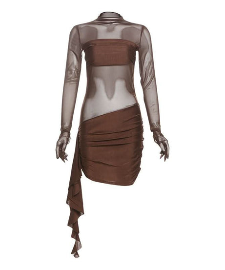 Bronze Siren: Sheer Mesh Ruched Mini Dress with Built-in Gloves - Fall & Holiday Party Ready
