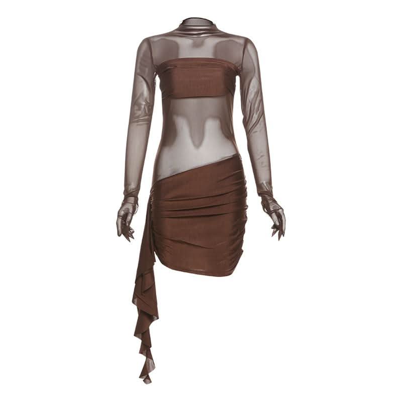 Bronze Siren: Sheer Mesh Ruched Mini Dress with Built-in Gloves - Fall & Holiday Party Ready