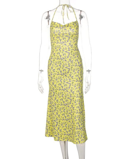Sunny Bloom Halter Cowl Neck Midi Dress | Effortless Yellow Floral Backless Style for Fall & Resort