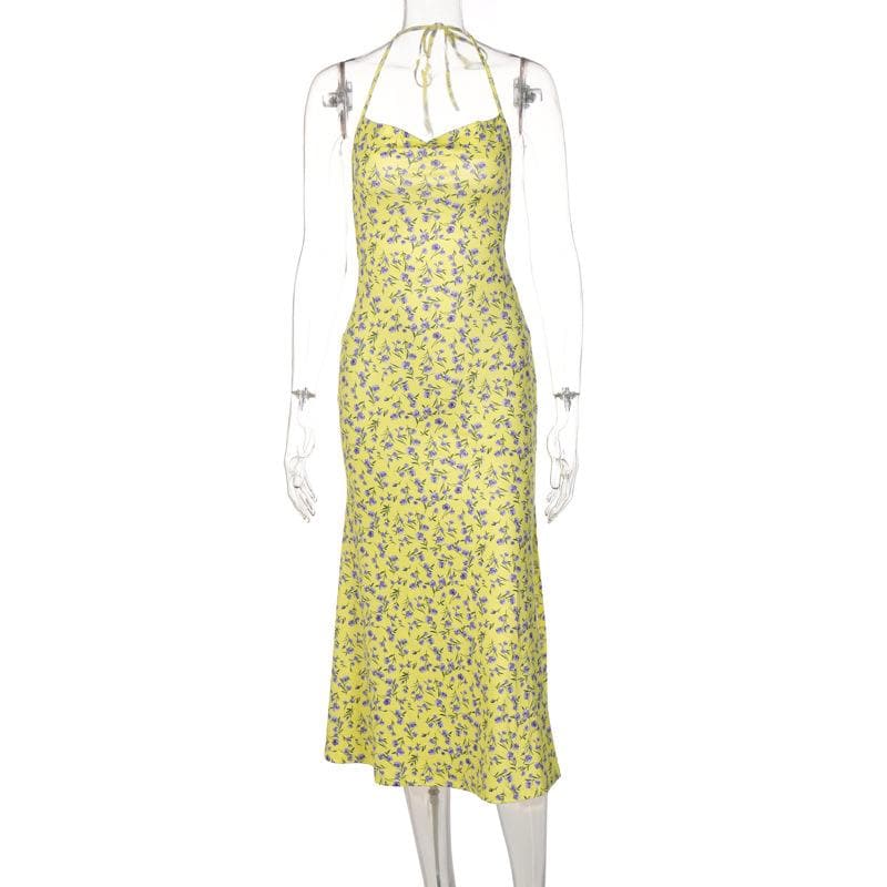 Sunny Bloom Halter Cowl Neck Midi Dress | Effortless Yellow Floral Backless Style for Fall & Resort