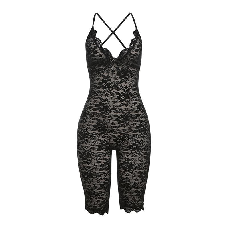 Sultry Black Lace V-Neck Romper Bodysuit – Chic & Flirty for Fall Nights