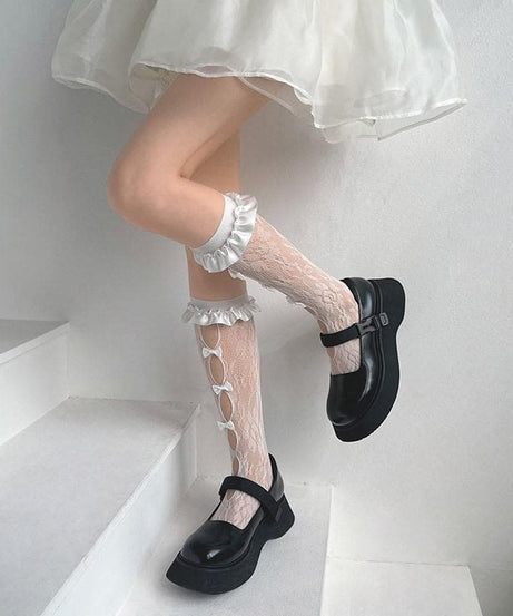 Coquette Charm: Blue Ruffled Bow Sheer Knee-High Socks - Perfect for Fall & Halloween!