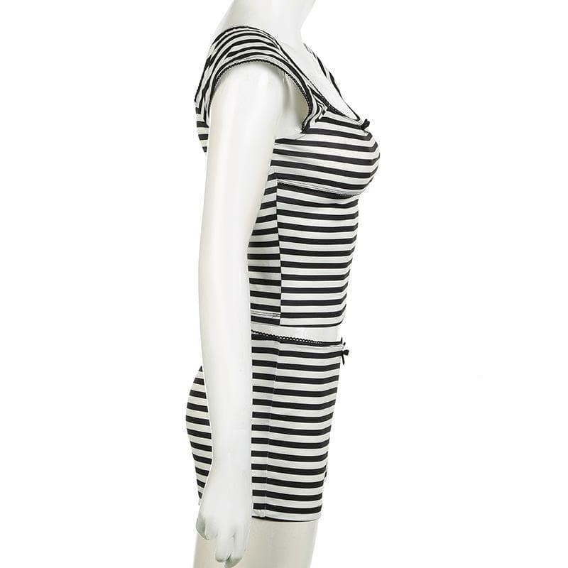 Effortlessly Stylish Striped Pajama & Loungewear Set - Women's Comfy Cap Sleeve Top & Shorts for Cozy Fall Nights
