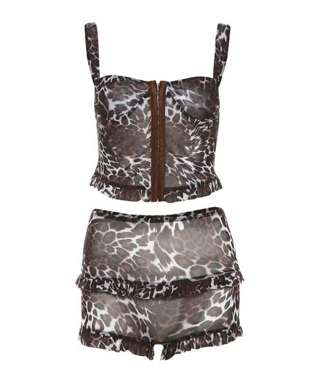 Wild Instincts Leopard Mesh Cami & Ruffle Shorts Set - Fierce Fall Loungewear