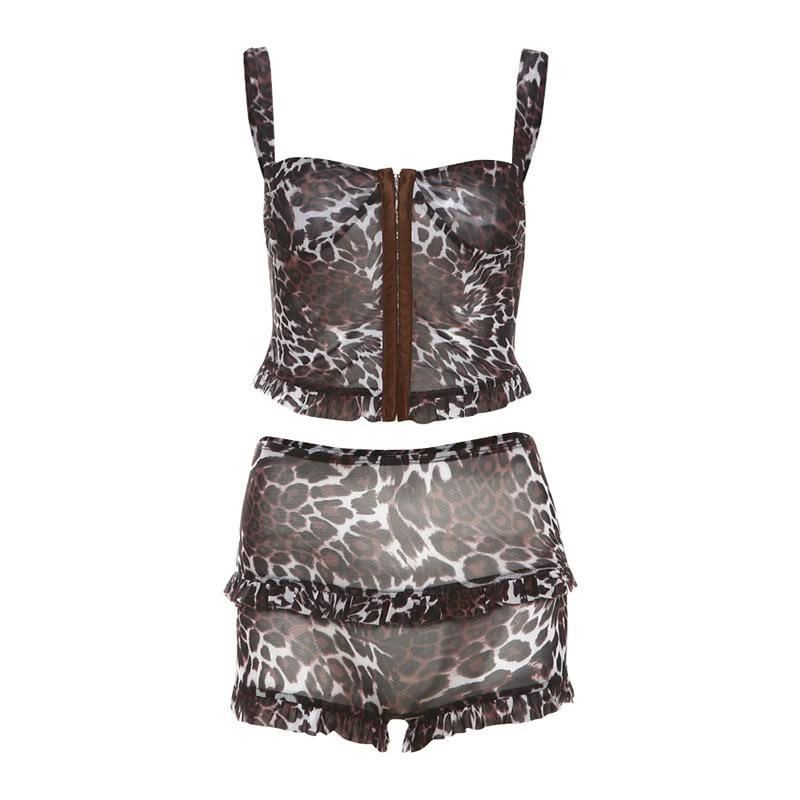 Wild Instincts Leopard Mesh Cami & Ruffle Shorts Set - Fierce Fall Loungewear