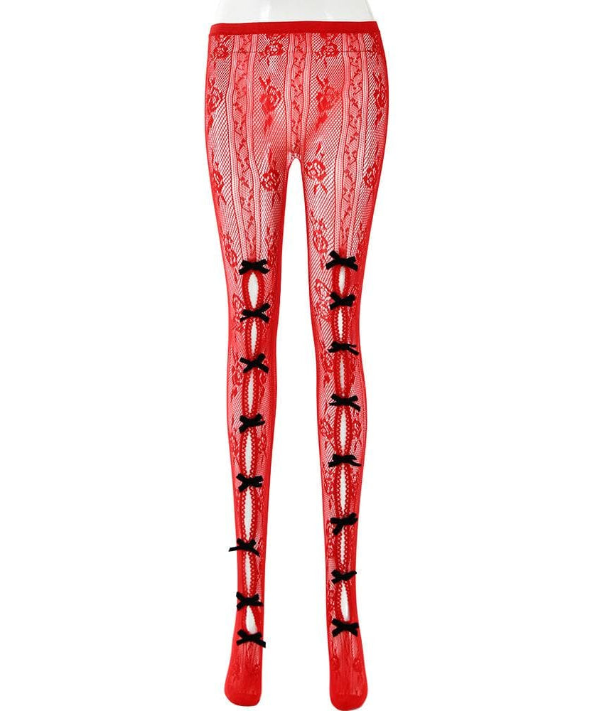 Sultry Red Lace & Bowknot Fishnet Tights - Daring Cut-Out Hosiery for Halloween & Beyond