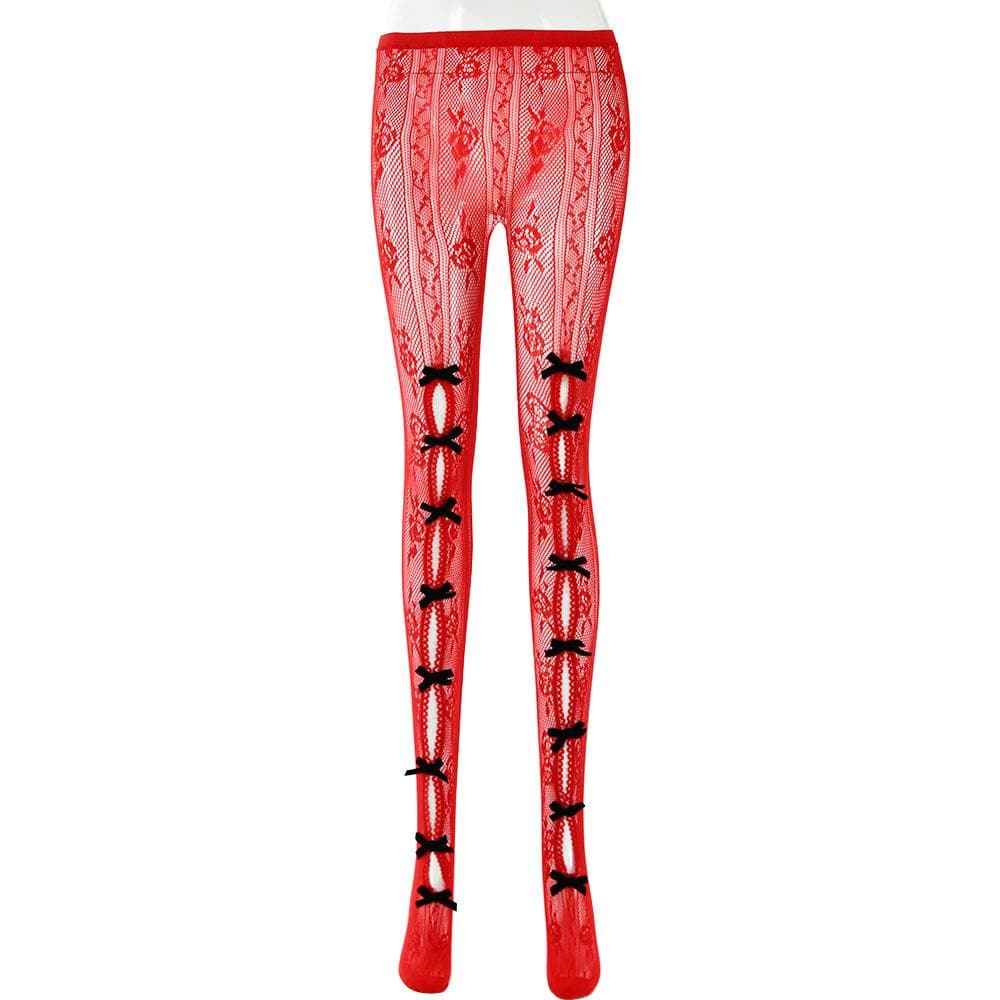 Sultry Red Lace & Bowknot Fishnet Tights - Daring Cut-Out Hosiery for Halloween & Beyond
