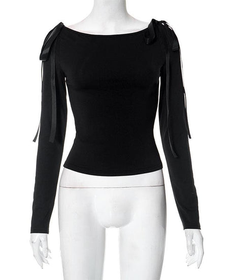 Chic Bow-Tie Long Sleeve Top: Versatile 2-Way Off-Shoulder | Fall & Holiday Essential