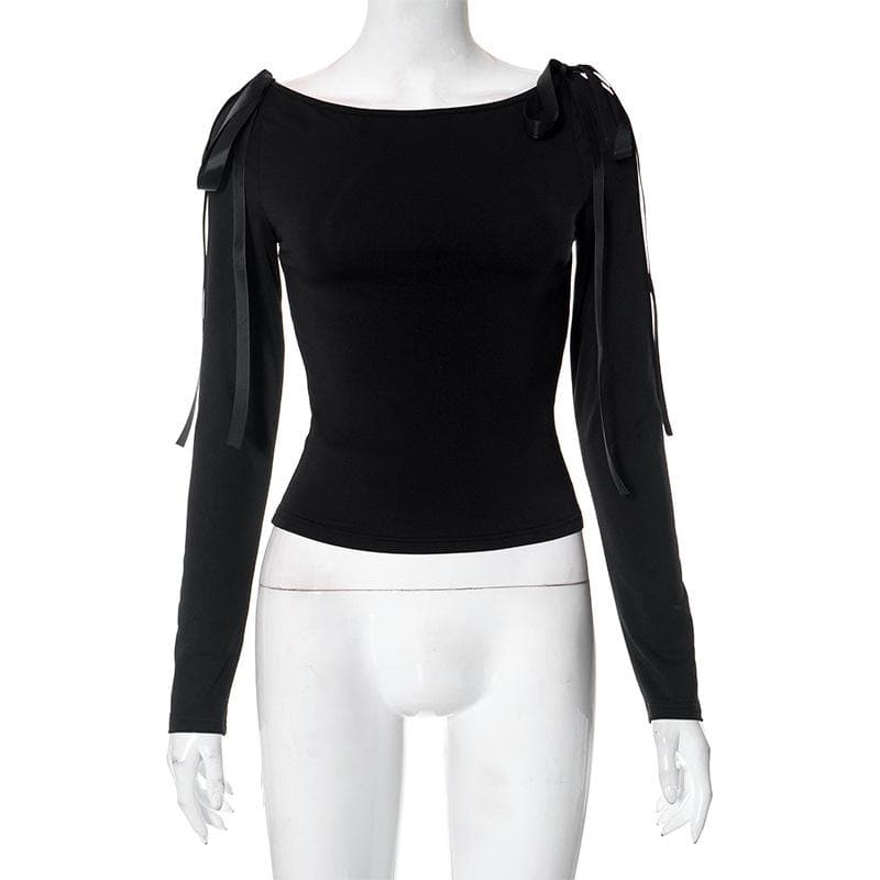 Chic Bow-Tie Long Sleeve Top: Versatile 2-Way Off-Shoulder | Fall & Holiday Essential