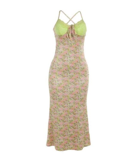 Golden Hour Glam: Autumn Bloom Floral Maxi Dress with Zesty Lime Lace Sweetheart Top