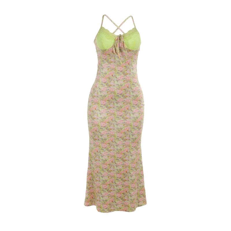Golden Hour Glam: Autumn Bloom Floral Maxi Dress with Zesty Lime Lace Sweetheart Top