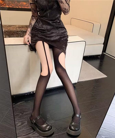 Edgy Two-Tone Illusion Cut-Out Tights | Fall & Halloween Fashion Statement