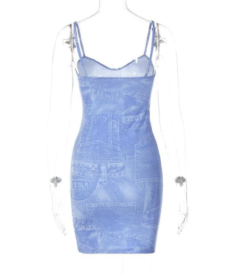 Y2K Faux Denim Print Mini Dress - Chic V-Neck Spaghetti Strap Bodycon for Fall Parties