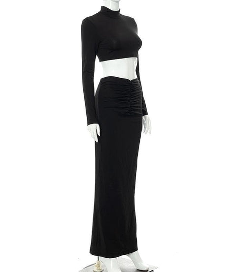 Sleek White Mock Neck Crop Top & Ruched Maxi Skirt Set - Chic Fall & Holiday Essential