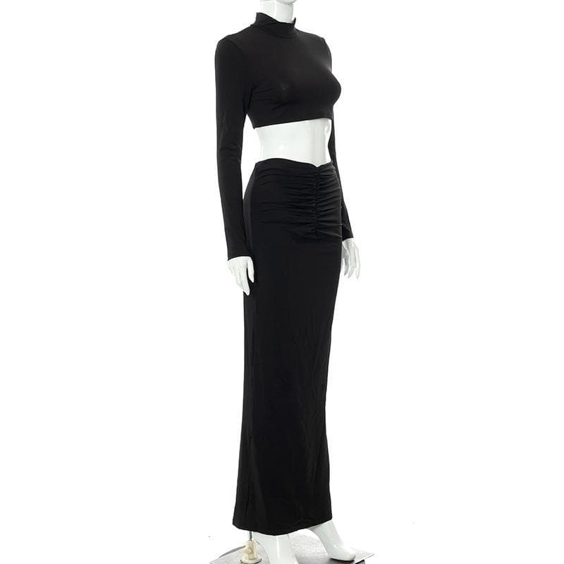 Sleek White Mock Neck Crop Top & Ruched Maxi Skirt Set - Chic Fall & Holiday Essential