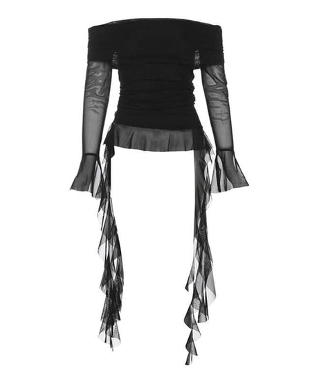 Dreamy Angelic Off-Shoulder Ruffle Tunic Top - Sheer Mesh Long Sleeves for Enchanting Fall Style