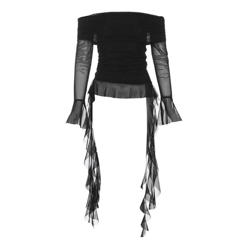 Dreamy Angelic Off-Shoulder Ruffle Tunic Top - Sheer Mesh Long Sleeves for Enchanting Fall Style
