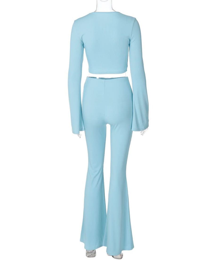 Fall Flair: Sky Blue Ribbed Bell Sleeve Crop Top & Flare Pant Set - Cozy Chic Loungewear