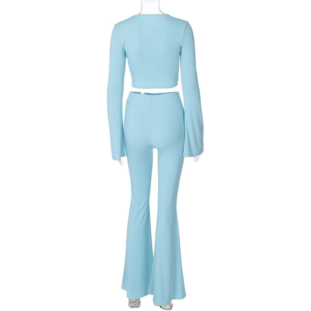 Fall Flair: Sky Blue Ribbed Bell Sleeve Crop Top & Flare Pant Set - Cozy Chic Loungewear