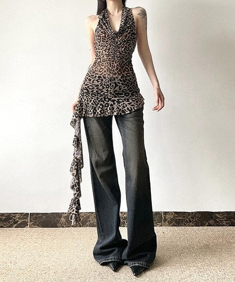 Fierce Fall Nights: Y2K Leopard Print Halter Top with Asymmetrical Ruffle - Backless & Bold