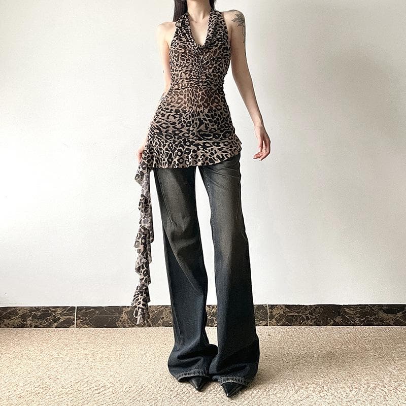 Fierce Fall Nights: Y2K Leopard Print Halter Top with Asymmetrical Ruffle - Backless & Bold