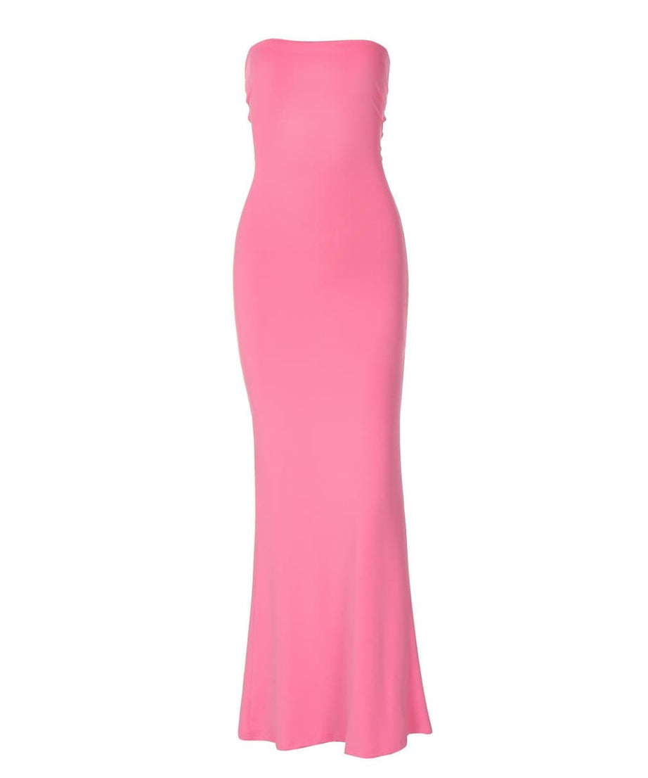 Slay the Scene: Hot Pink Strapless Maxi Gown with Knotted Lace-Up Back | Fall & Holiday Event Dress