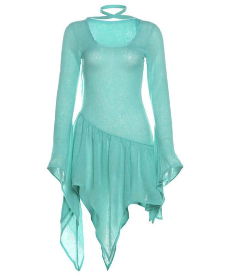 Enchanting Aqua Ruffle Knit Mini Dress - Whimsical Asymmetrical Fall Tunic
