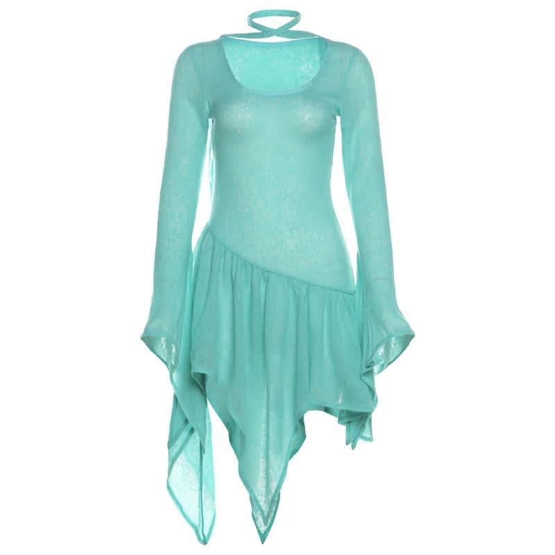 Enchanting Aqua Ruffle Knit Mini Dress - Whimsical Asymmetrical Fall Tunic