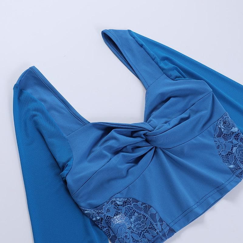 Royal Blue Obsession: Mesh & Lace Cutout Mini Skirt Set - Fall Night Out