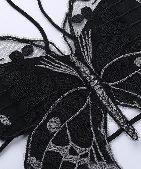 Whimsigoth Embroidered Butterfly Halter Crop Top - Y2K Backless Party & Halloween Ready