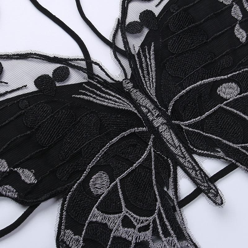 Whimsigoth Embroidered Butterfly Halter Crop Top - Y2K Backless Party & Halloween Ready