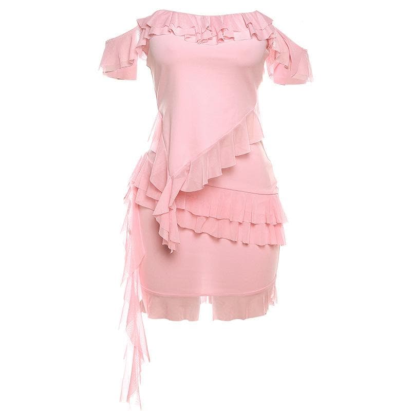 Flirty Pink Ruffle Off-Shoulder Mini Dress - Y2K Glam for Fall Parties & Getaways