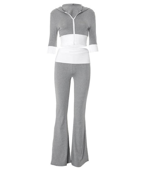 Cozy Fall Flair: Women's Cropped Zip Hoodie & Flare Legging Set - Athleisure Loungewear
