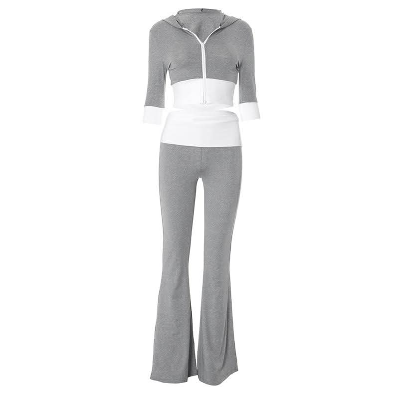 Cozy Fall Flair: Women's Cropped Zip Hoodie & Flare Legging Set - Athleisure Loungewear