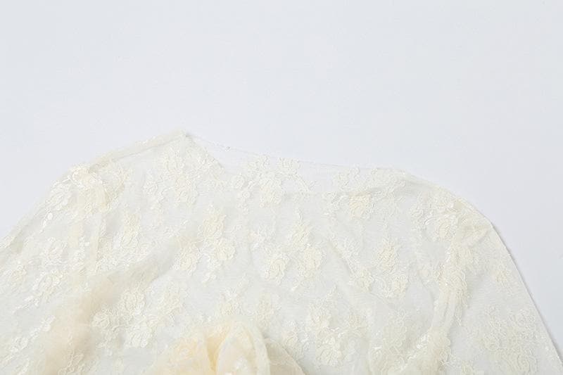 Romantic Coquette Lace Long Sleeve Crop Top with 3D Floral Appliqué