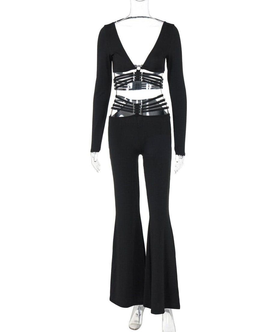 Fall Nights Out: The 'Unleashed' Black O-Ring Cutout Long Sleeve Top & Wide Leg Pant Set