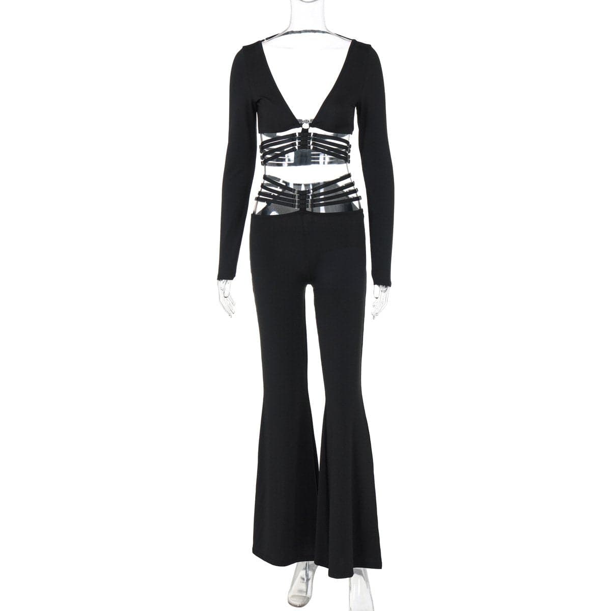 Fall Nights Out: The 'Unleashed' Black O-Ring Cutout Long Sleeve Top & Wide Leg Pant Set