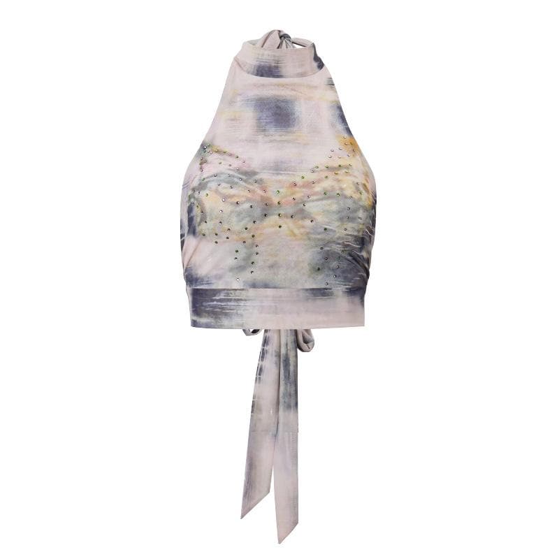 Chic Abstract Swirl Beaded Halter Crop Top | Backless Y2K Style for Fall Nights Out