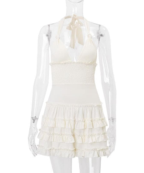 Dreamy White Halter Plunge Ruffle Mini Dress - Chic for Fall Soirees & Sunny Getaways