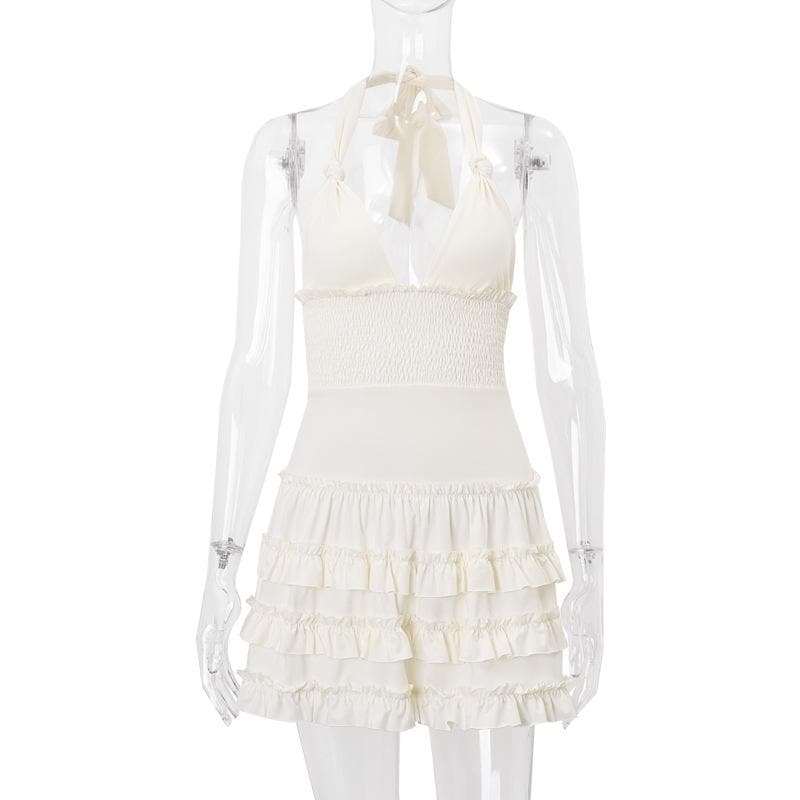 Dreamy White Halter Plunge Ruffle Mini Dress - Chic for Fall Soirees & Sunny Getaways